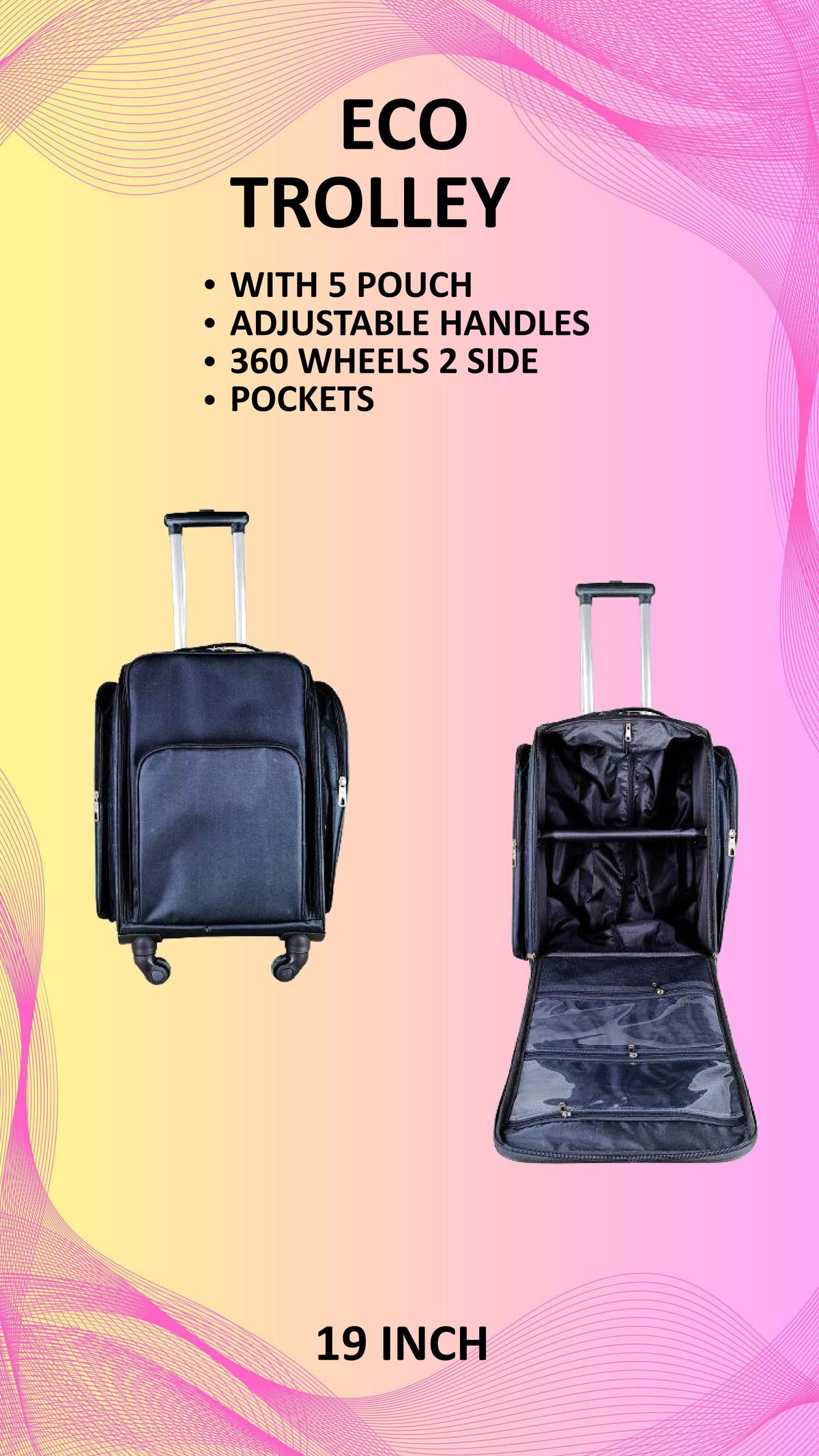 Eco Makeup Trolley Bag | Vanity – 19 Inch | With 5 Pouches, 360° Wheels & Side Pockets