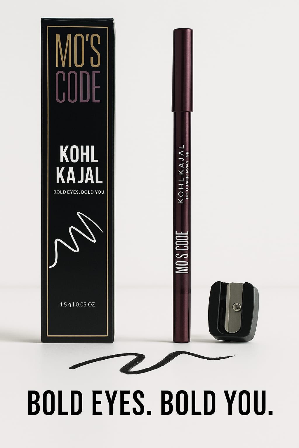 MO’S CODE Kohl Kajal – black eyeliner pencil with sharpener and box – bold eyes makeup product