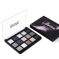 Angled view of the IMAGIC Aurora Palette with transparent lid open showing full shade range