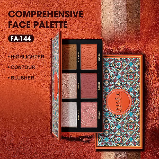 IMAGIC FA-144 face palette displayed with product features on textured background