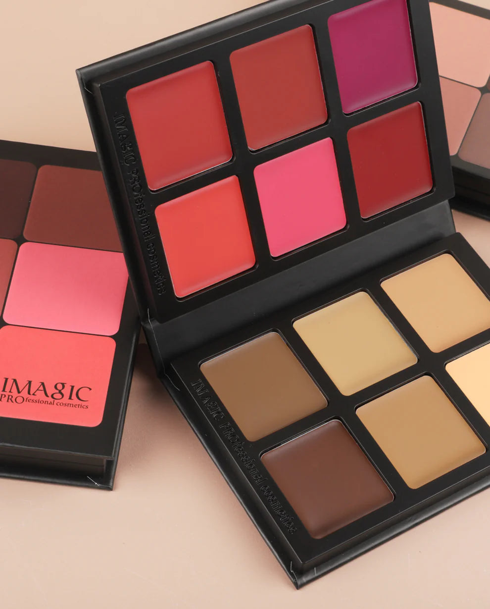 Open view of IMAGIC FA145 palette with cream blushes and foundations