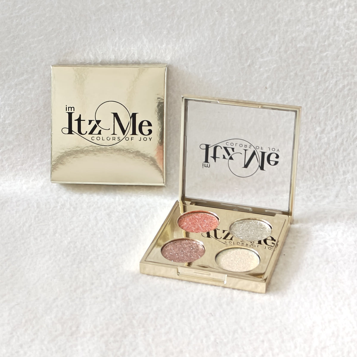 Itz Me Shimmer Palette Shade 02 with coral, rose gold, frosted silver, and champagne glitter tones in gold case