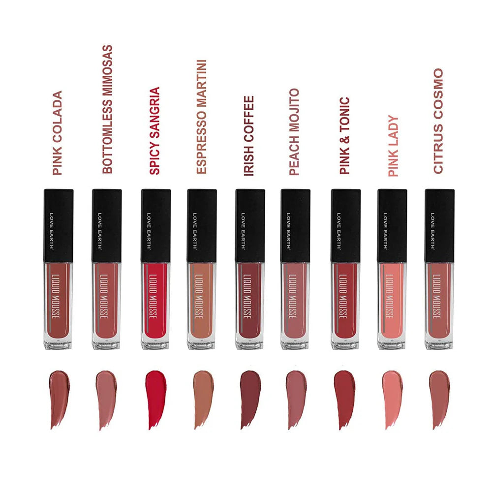 All 9 shades of Love Earth Liquid Mousse Lipstick Set with swatches
