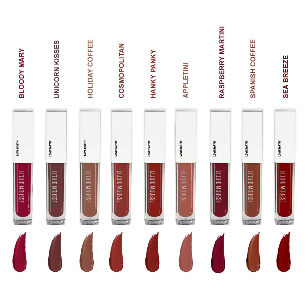 All 9 mini lipstick shades in Love Earth Liquid Mousse 2.0 set with swatches
