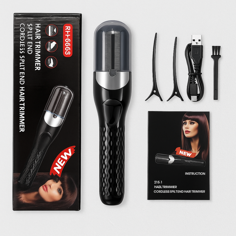 RH-6668 split ends hair trimmer full kit including clips, USB cable, and instruction manual.