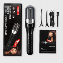 RH-6668 split ends hair trimmer full kit including clips, USB cable, and instruction manual.